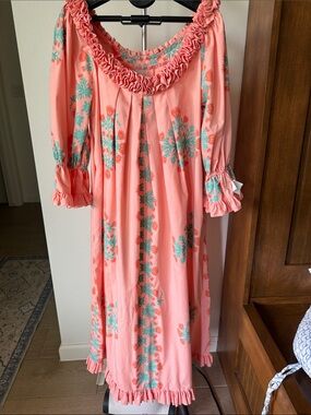 Peach Floral Maxi Dress with Ruffle Trim
